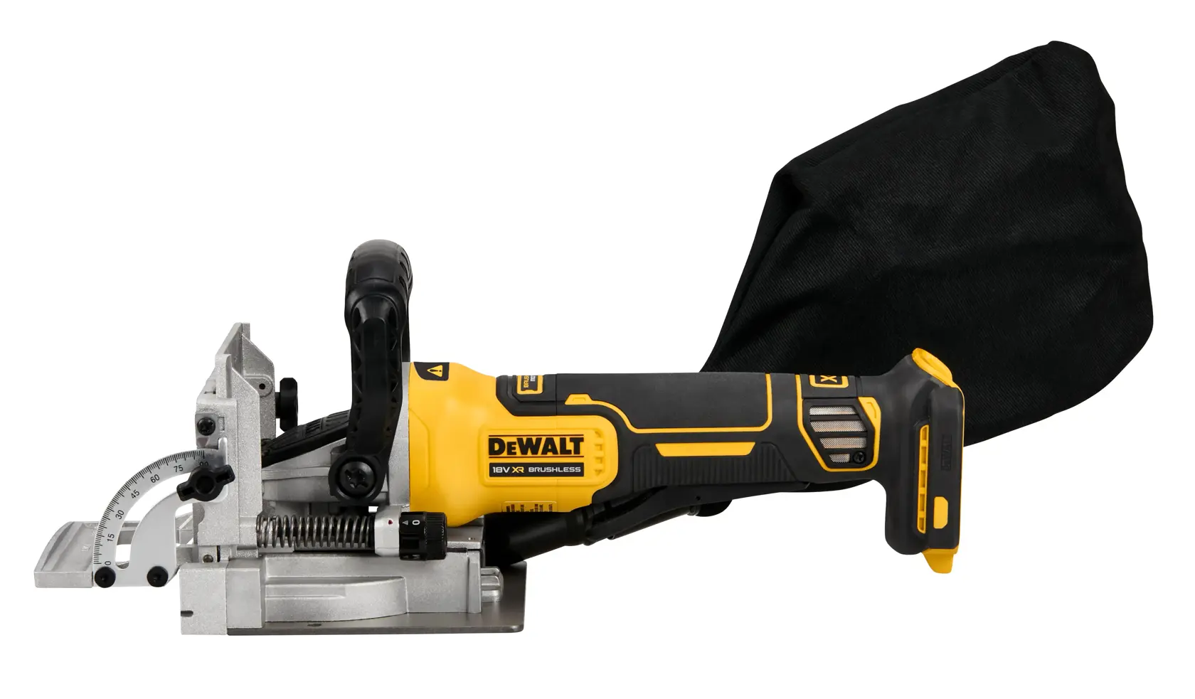 A DEWALT DCW682N cordless joiner tool with a yellow and black body, metal adjustable angle gauge, ergonomic handle, and a black dust collection bag attached.