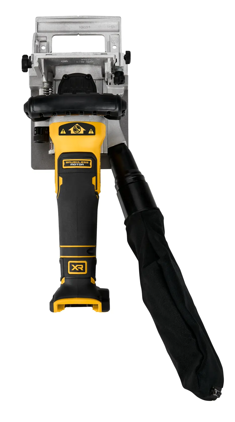 Front view of a DEWALT cordless biscuit joiner tool with a yellow and black handle and an attached dust collection bag.