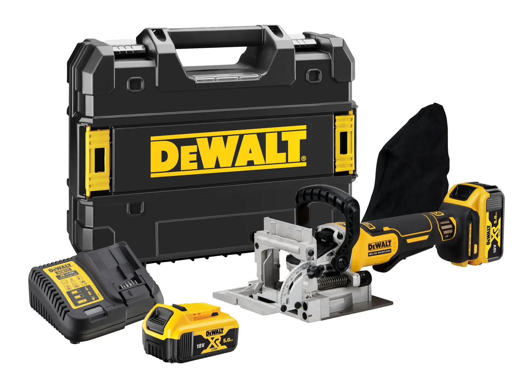 DEWALT tool set with case, charger, battery, DCW682P2-QW and DCW682P2, photography category.