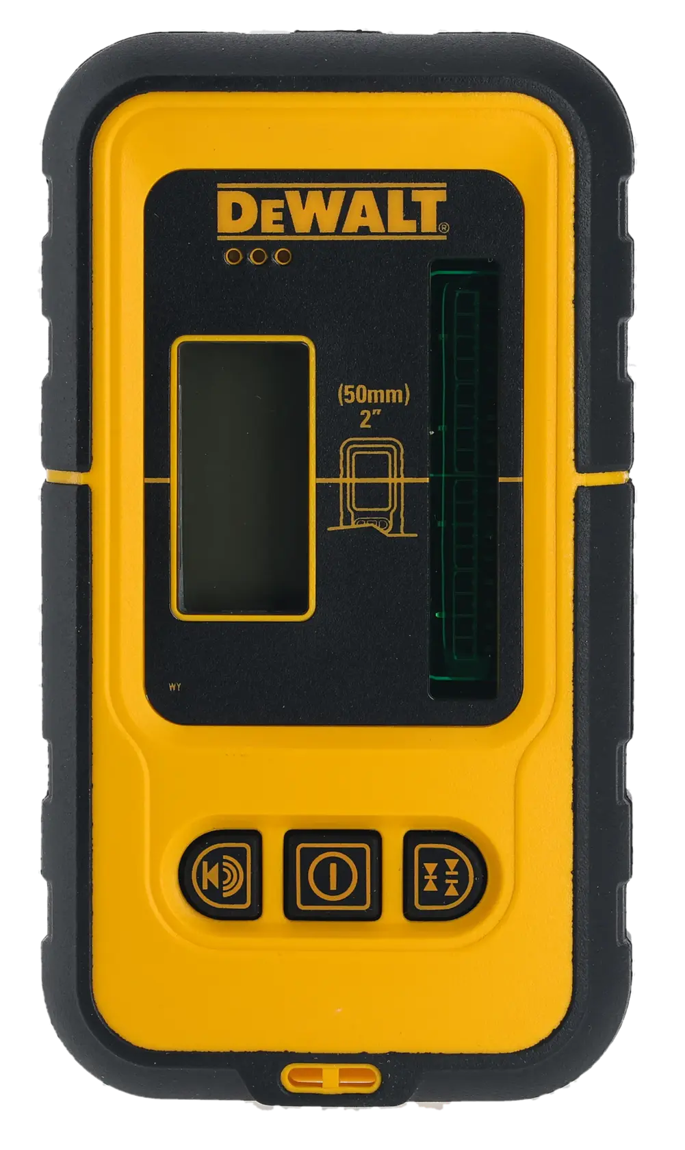 DEWALT DE0892G yellow and black laser receiver for digital measuring, with buttons and display.