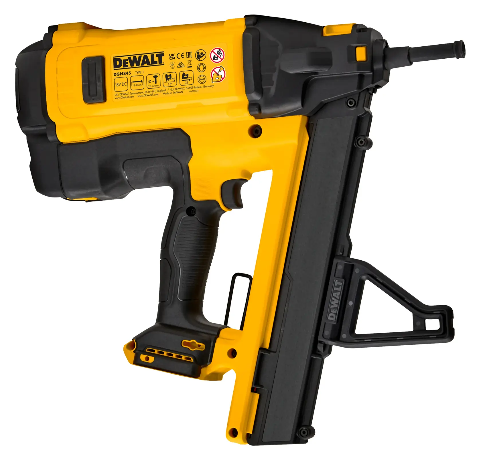 DEWALT nailer in yellow and black, models DGN845N-XJ and DGN845N, for photography category.