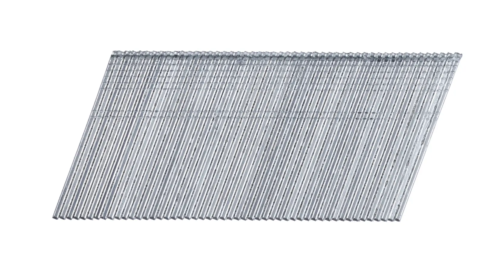 A strip of silver angled nails used for nail guns, arranged in parallel on a white background.