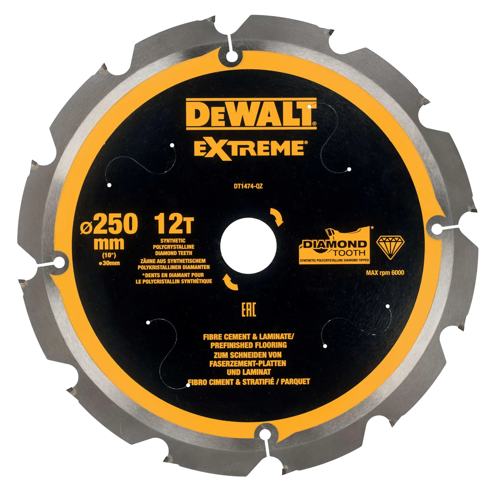 DEWALT Extreme 250mm 12T circular saw blade for cutting fibre cement, laminate, and flooring.