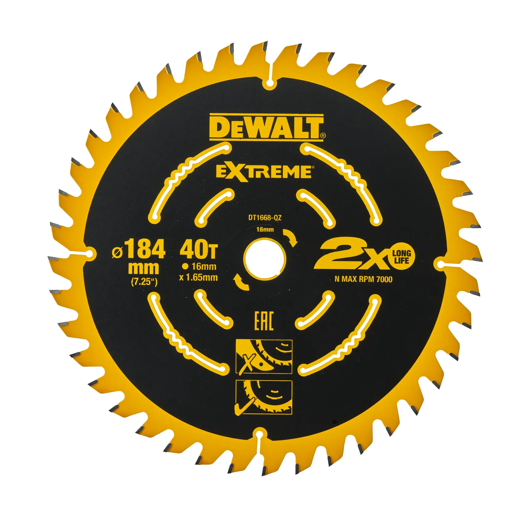 DEWALT DT1668 Extreme 184mm 40T circular saw blade for wood, yellow and black with product details.
