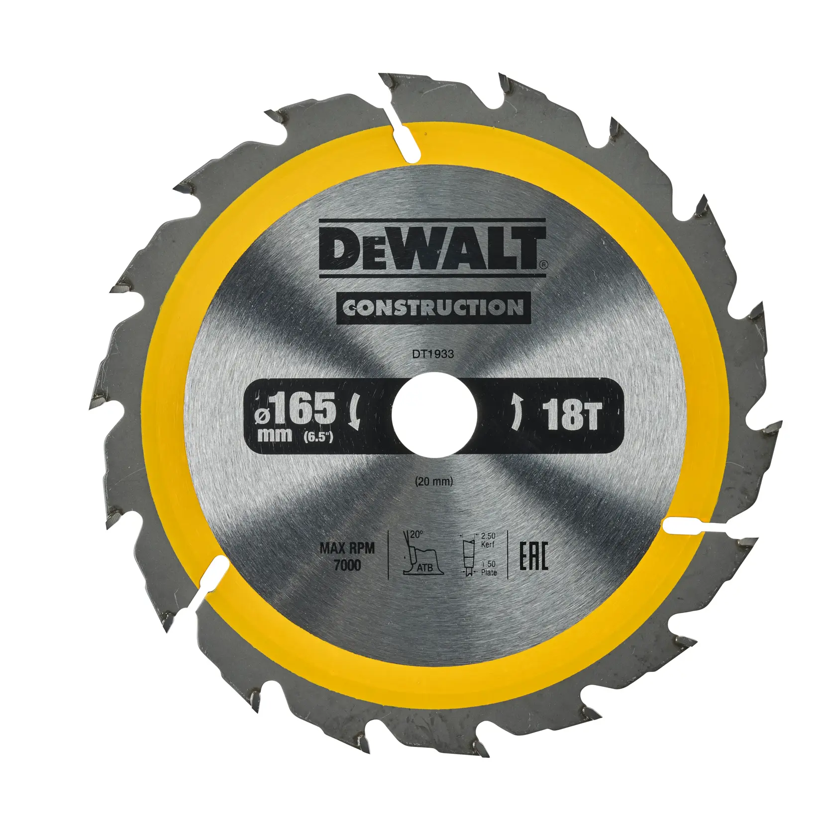DEWALT DT1933 construction circular saw blade, 165mm diameter, 18 teeth, silver with yellow edge.