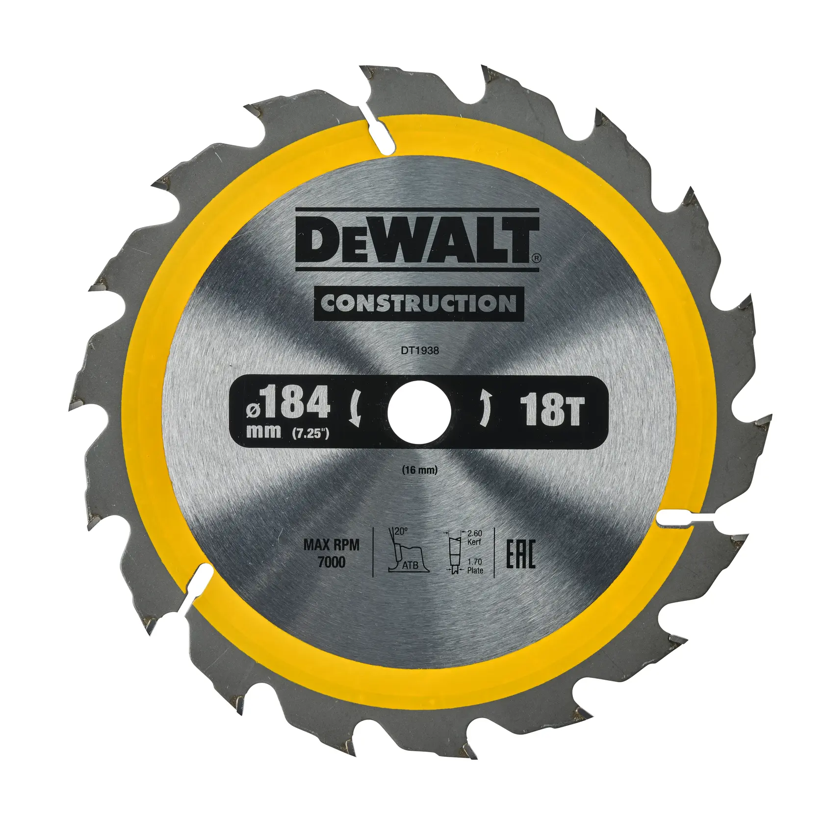 DEWALT circular saw blade, silver with yellow ring, DT1938-QZ, DT1938, construction, front angle.