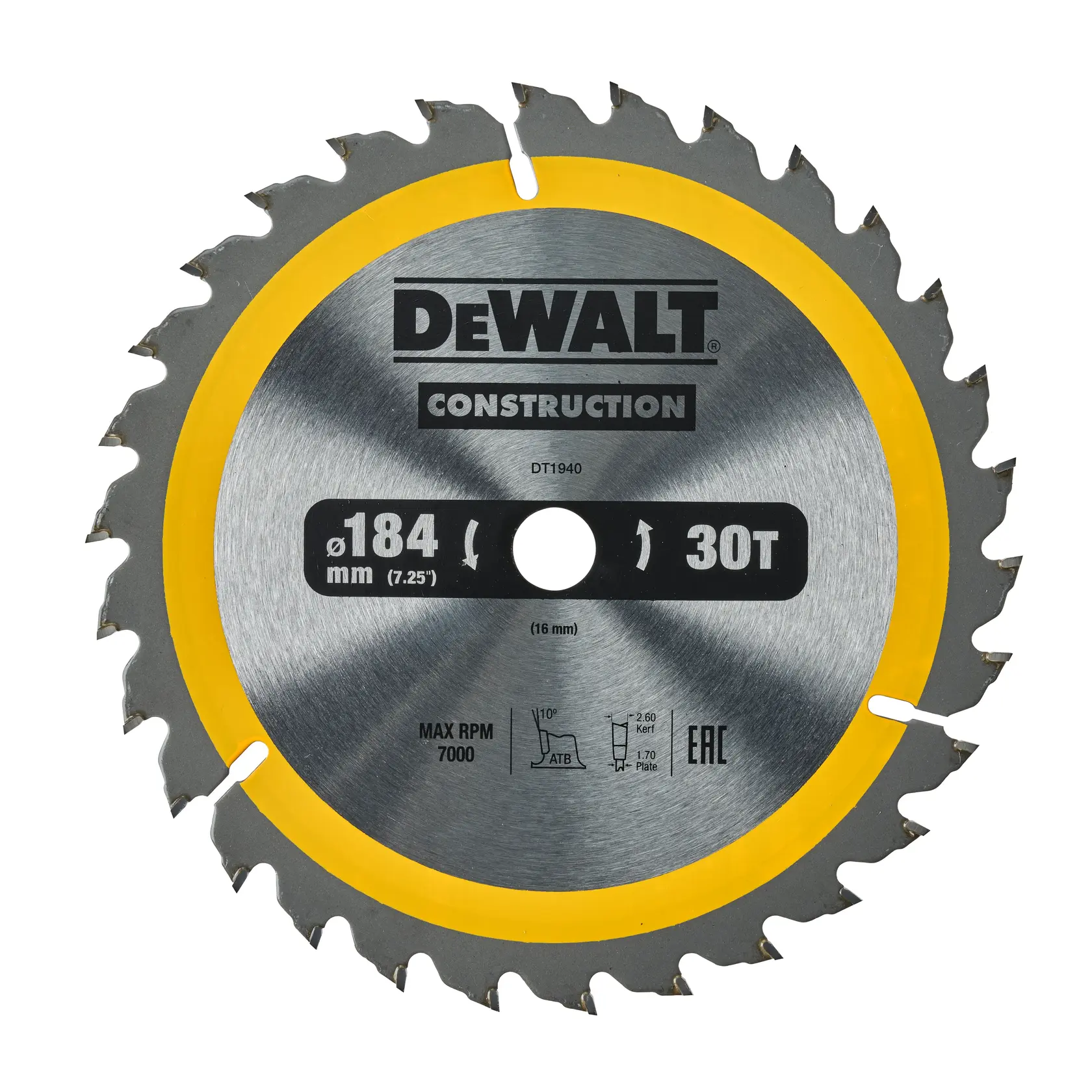 Photo of DEWALT circular saw blade, 184mm 30T, silver with yellow ring, SKUs DT1940-QZ, DT1940, front view.
