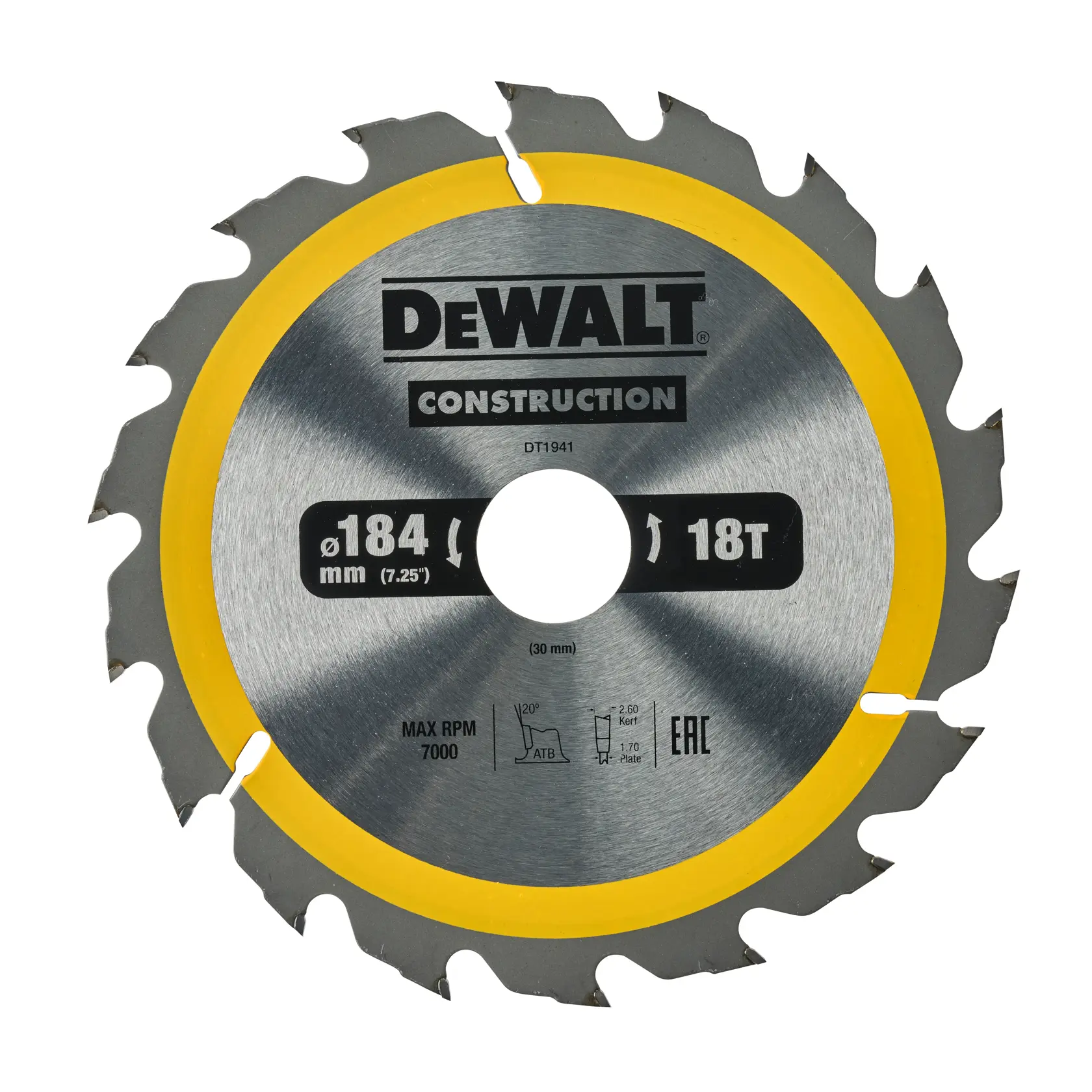 DEWALT DT1941 circular saw blade, 184 mm diameter, 18 teeth, for construction use.