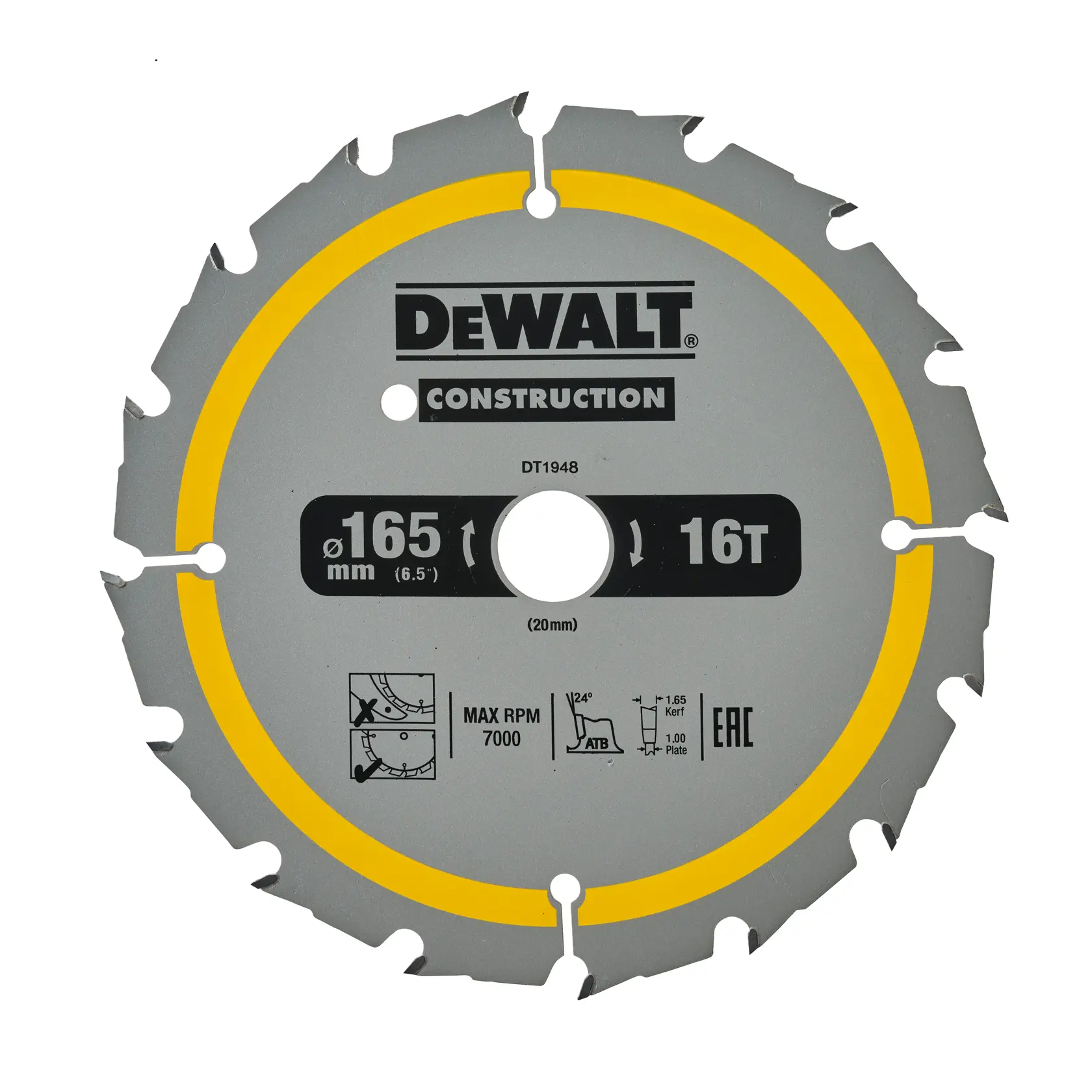 A DEWALT DT1948 circular saw blade designed for construction, featuring a diameter of 165 mm, 16 teeth, and a maximum RPM of 7000. The blade has a grey surface with yellow detailing and labeled specifications.