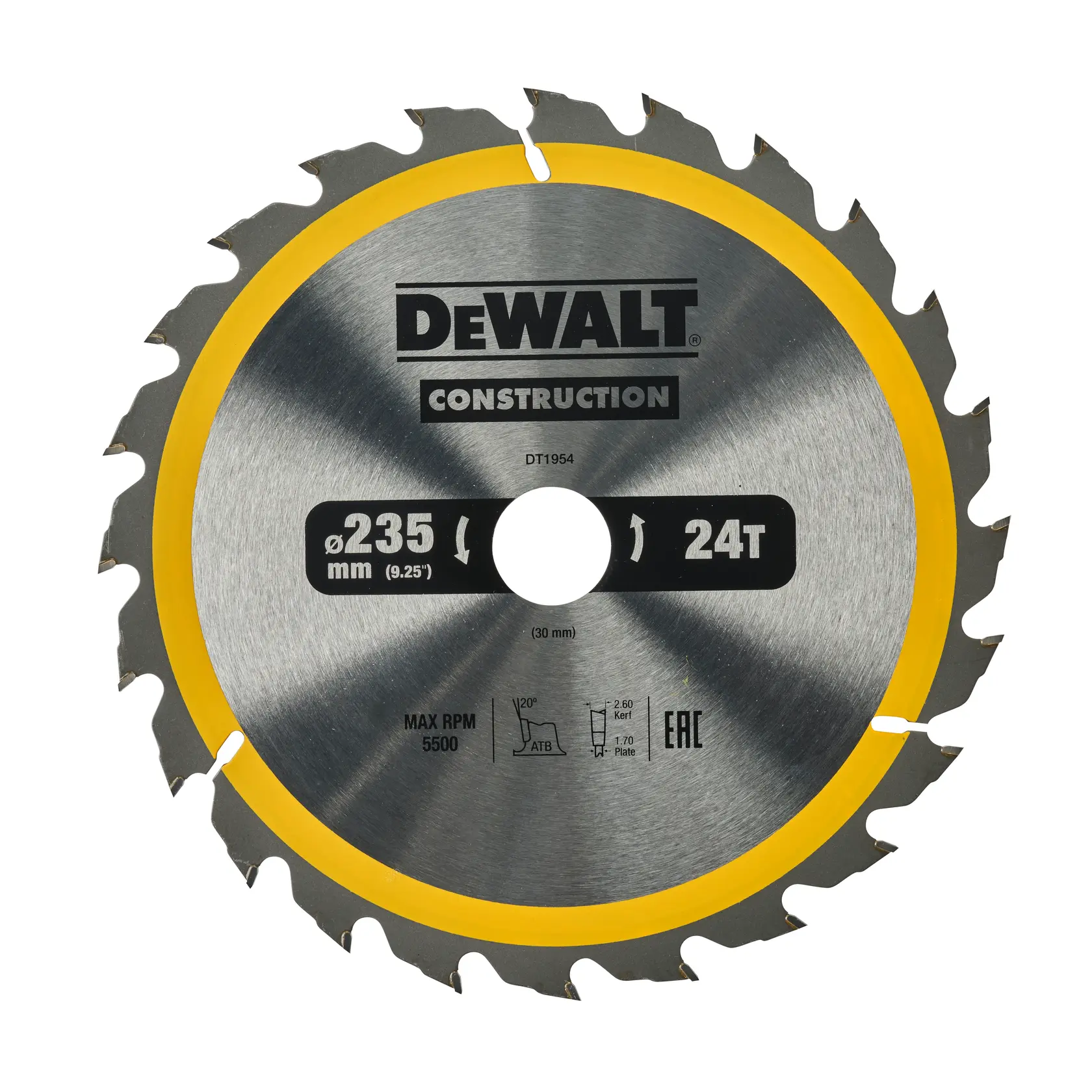DEWALT construction saw blade DT1954, DT1954-QZ, silver with yellow rim, 24 teeth, 235mm, product photography.