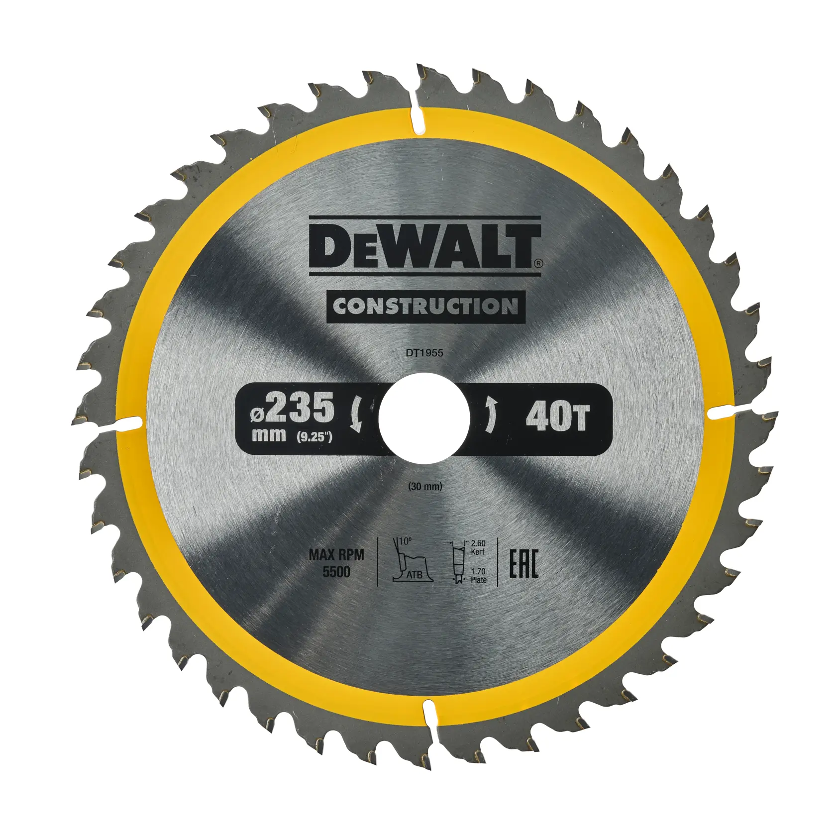 Photo of DEWALT circular saw blade, 235mm 40T, yellow rim, SKUs DT1955-QZ, DT1955, product on white background.