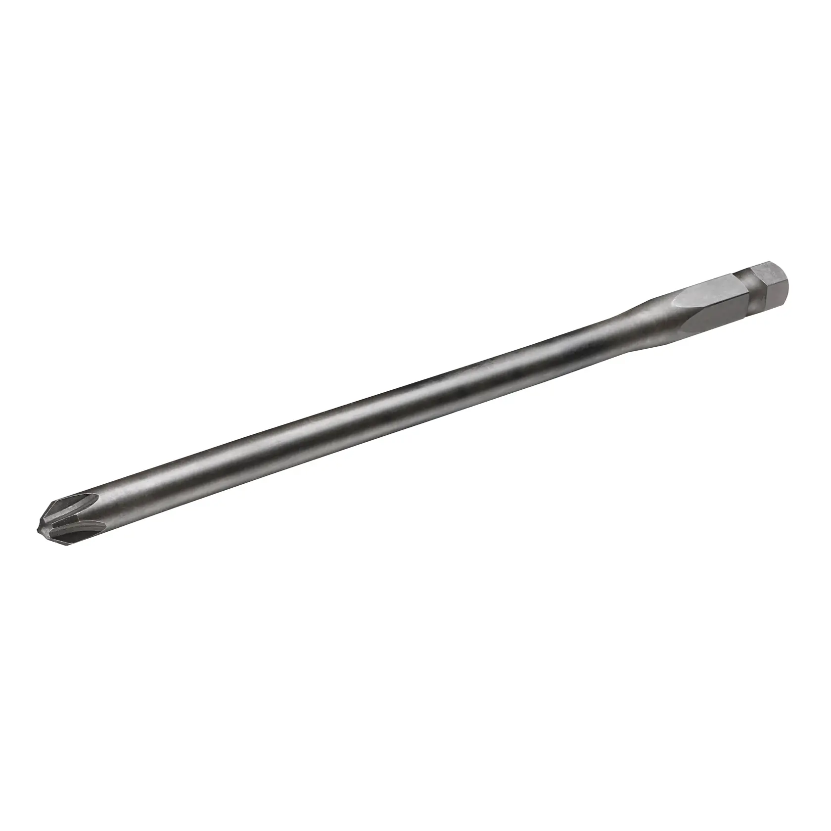 A DEWALT long screwdriver bit with hex shank and cross tip, designed for power tools. Silver metallic color.
