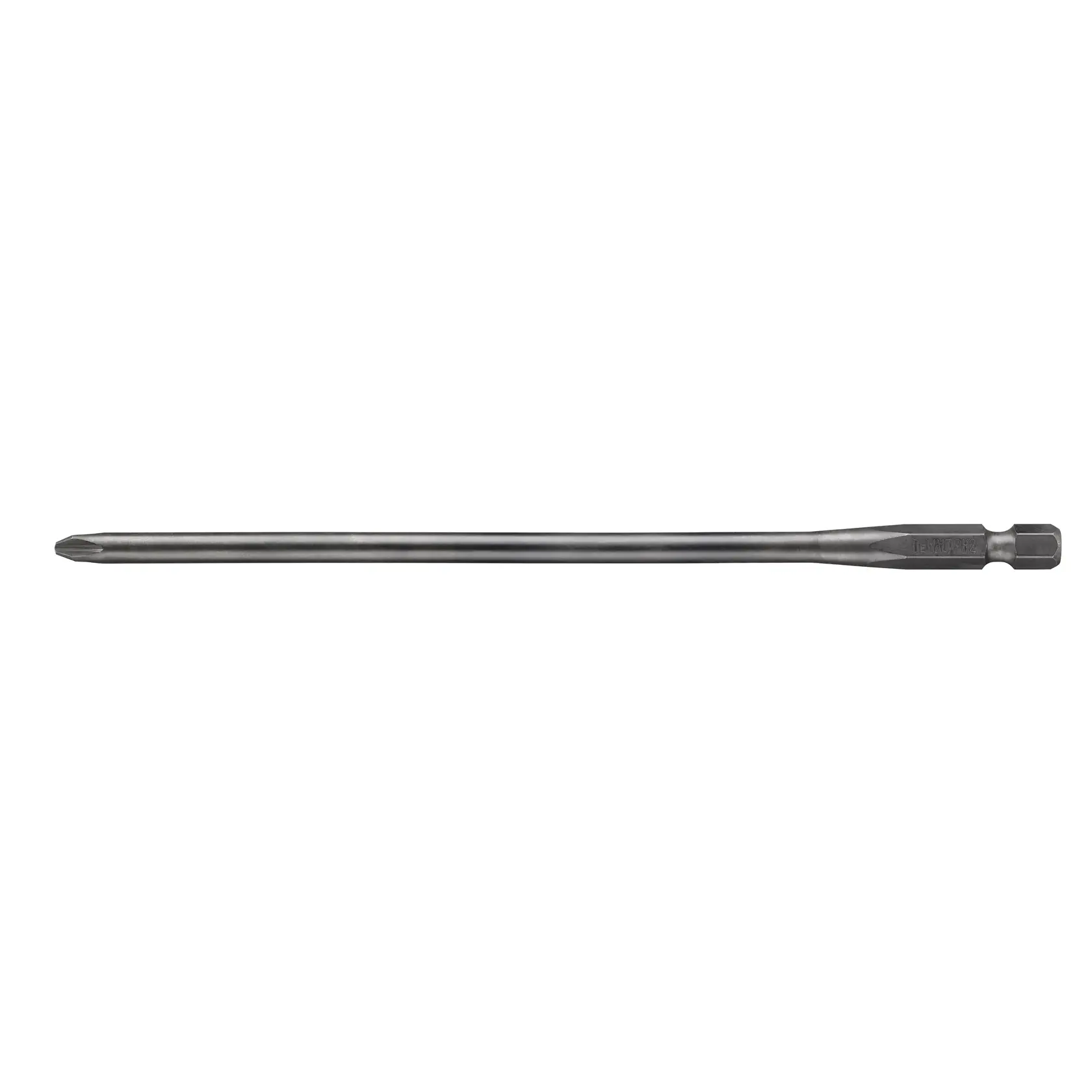 Long metal screwdriver bit with a Phillips tip for power tools, shown against a white background.