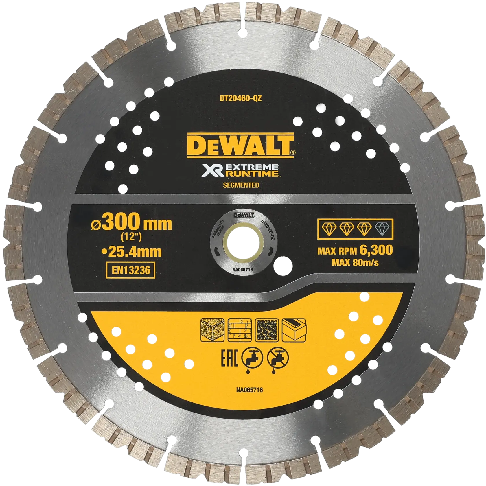 Hoja segmentada DEWALT DT20460, 300mm, para corte de mampostería, máximo 6300 RPM.