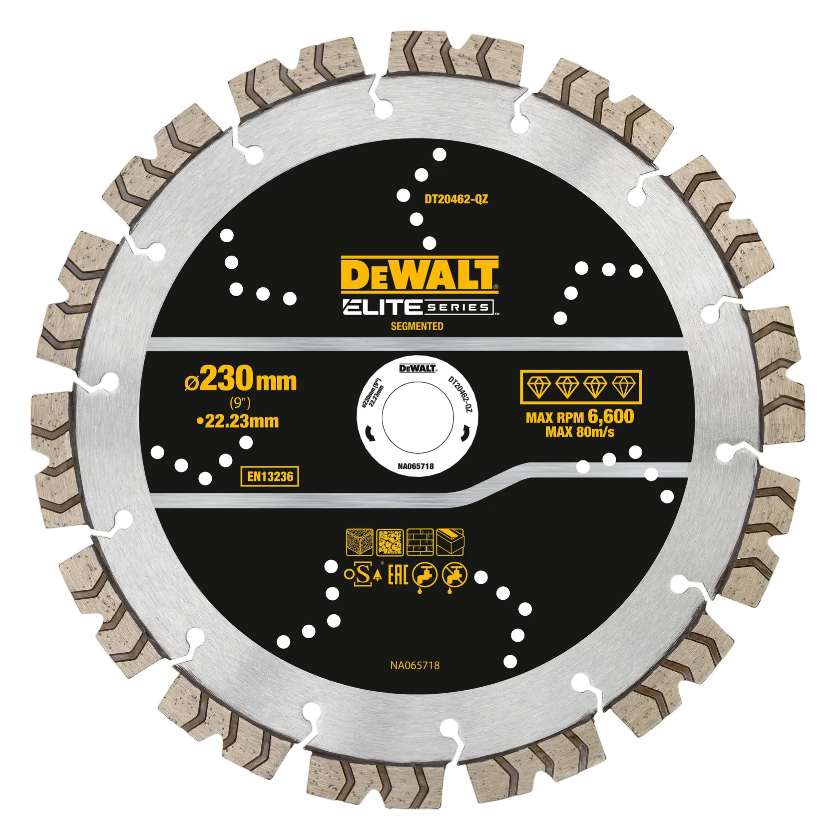 Photo of DEWALT segmented saw blade, 230mm, SKUs DT20462-QZ, DT20462, black/silver, front view.