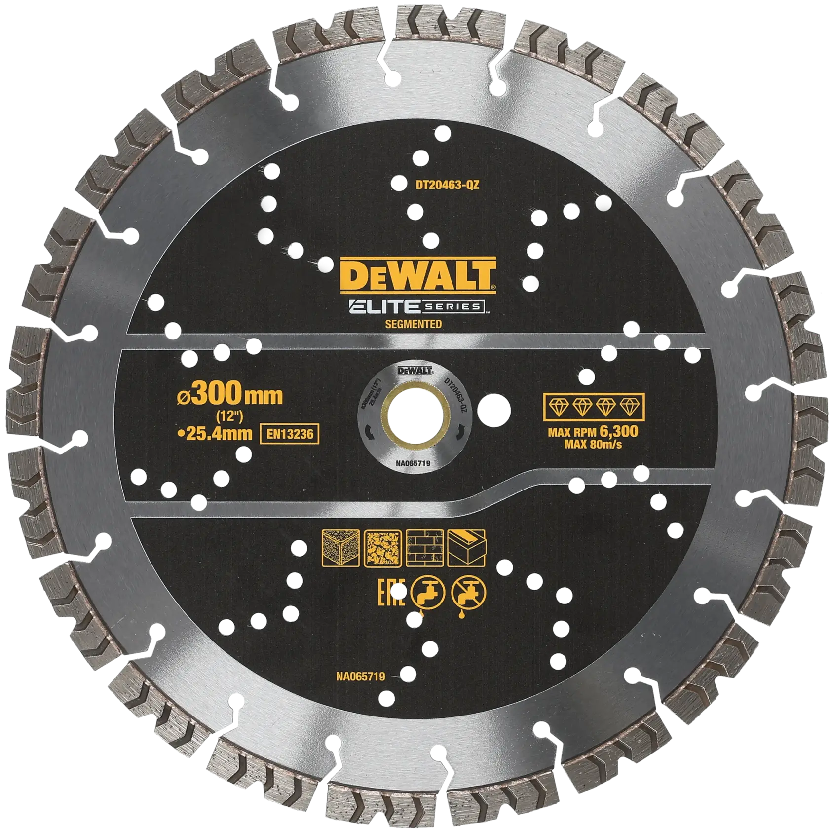 Disco segmentado DEWALT diamante, 300mm, Elite Series, corte, max RPM 6300, SKU DT20463.