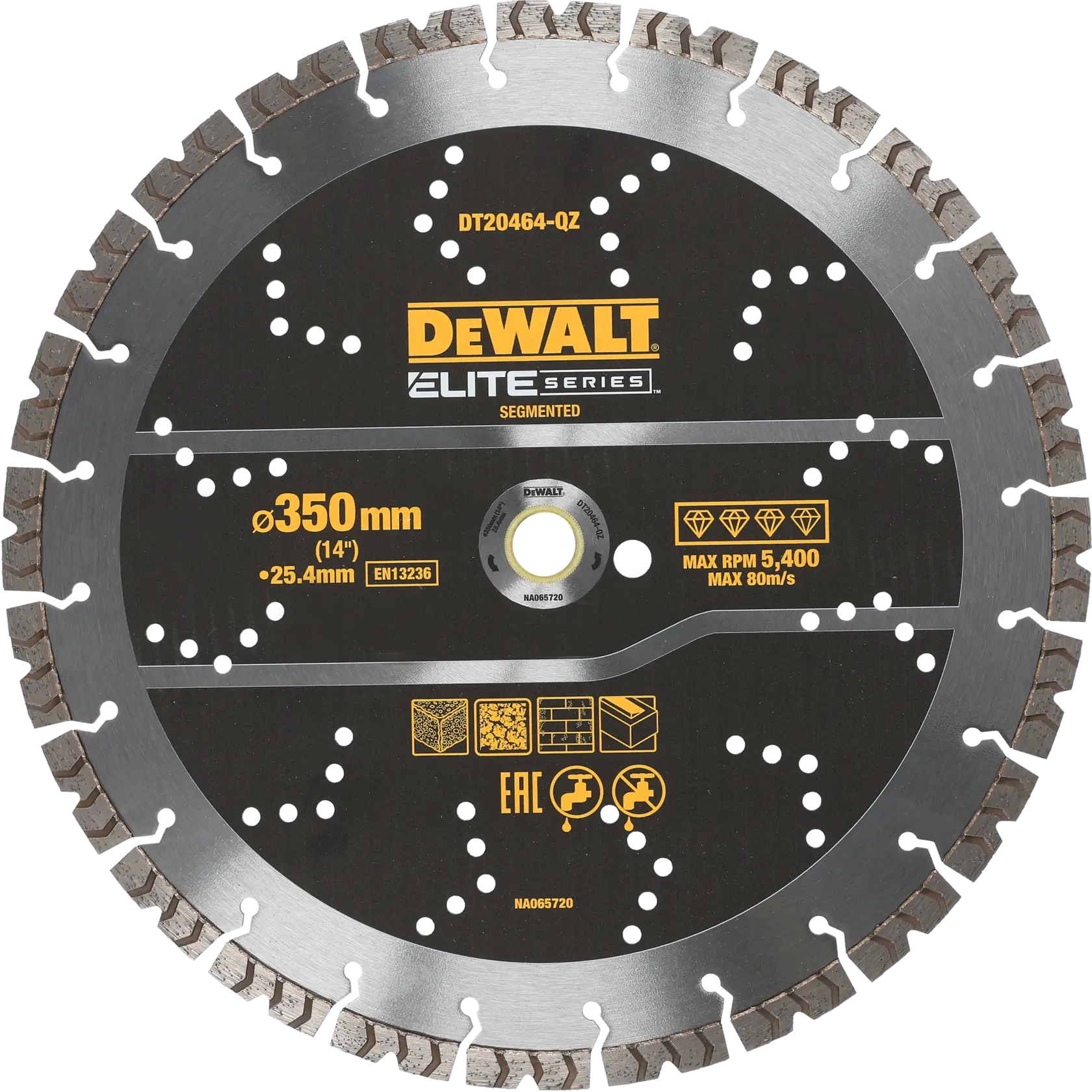 Disco segmentado DEWALT Elite Series, diámetro 350mm, para corte, con detalles del producto.