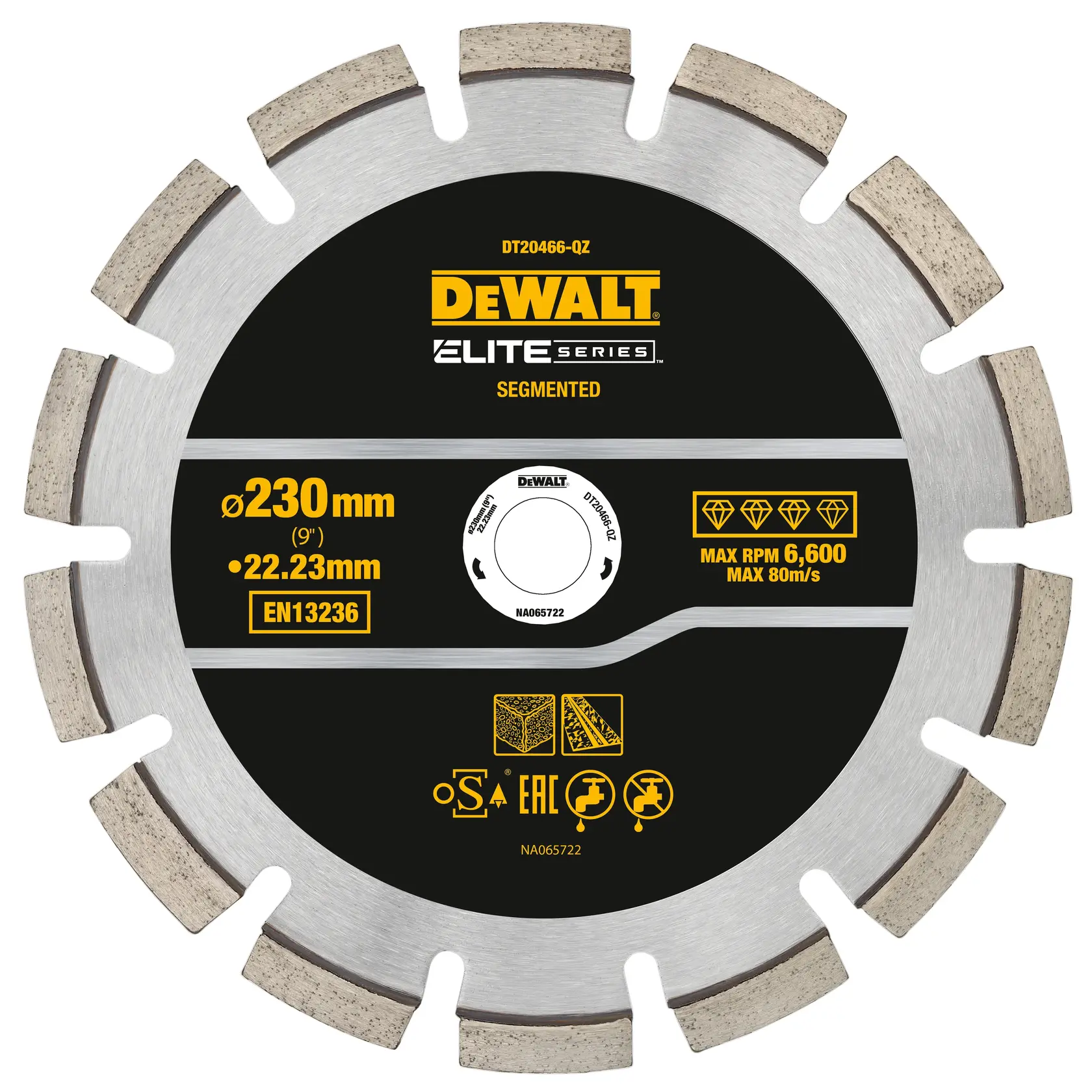 Photo of DEWALT segmented saw blade, black and silver, SKUs DT20466-QZ, DT20466, Elite Series, front view.