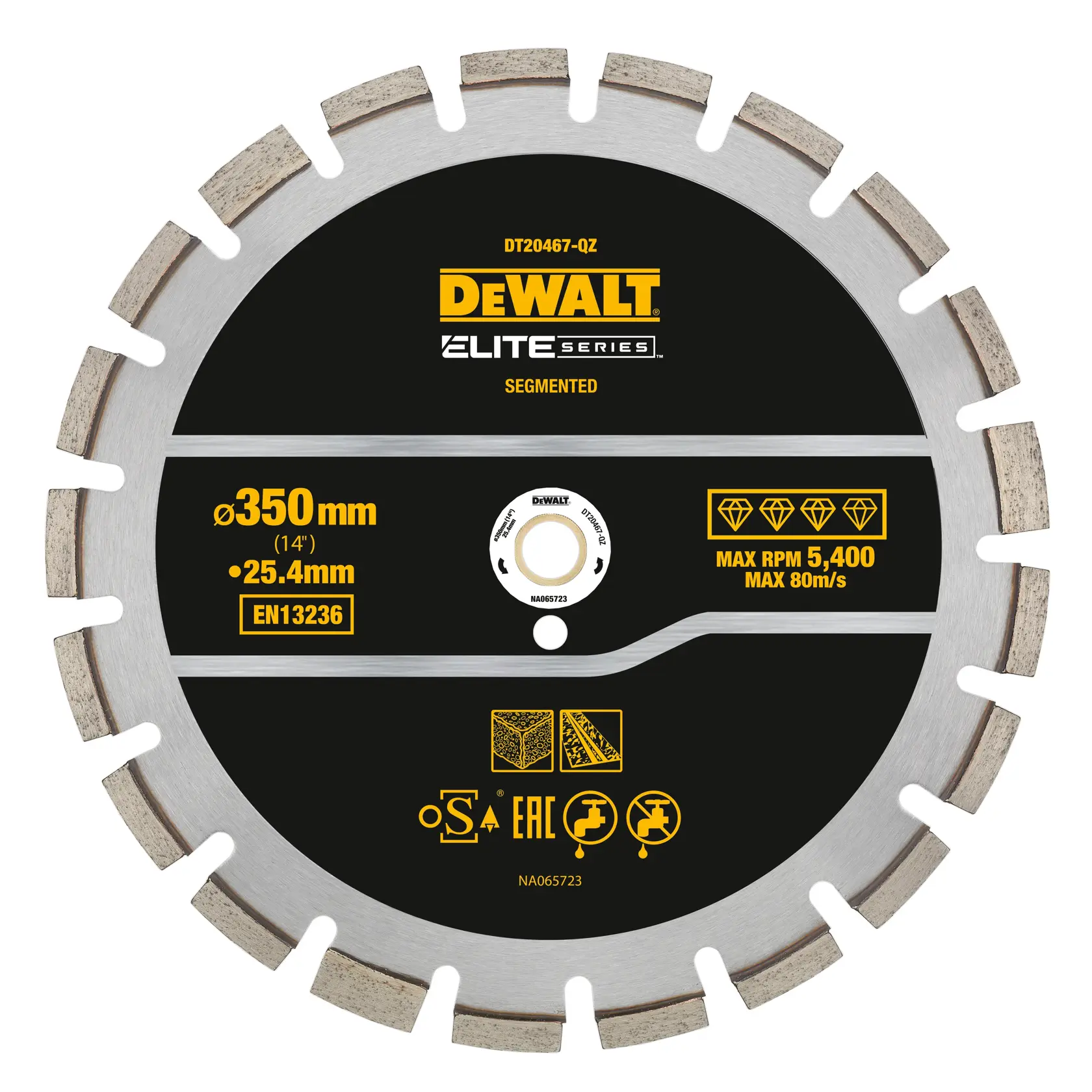 DEWALT DT20467 disco segmentado de diamante, diámetro 350mm, para cortar materiales de construcción.