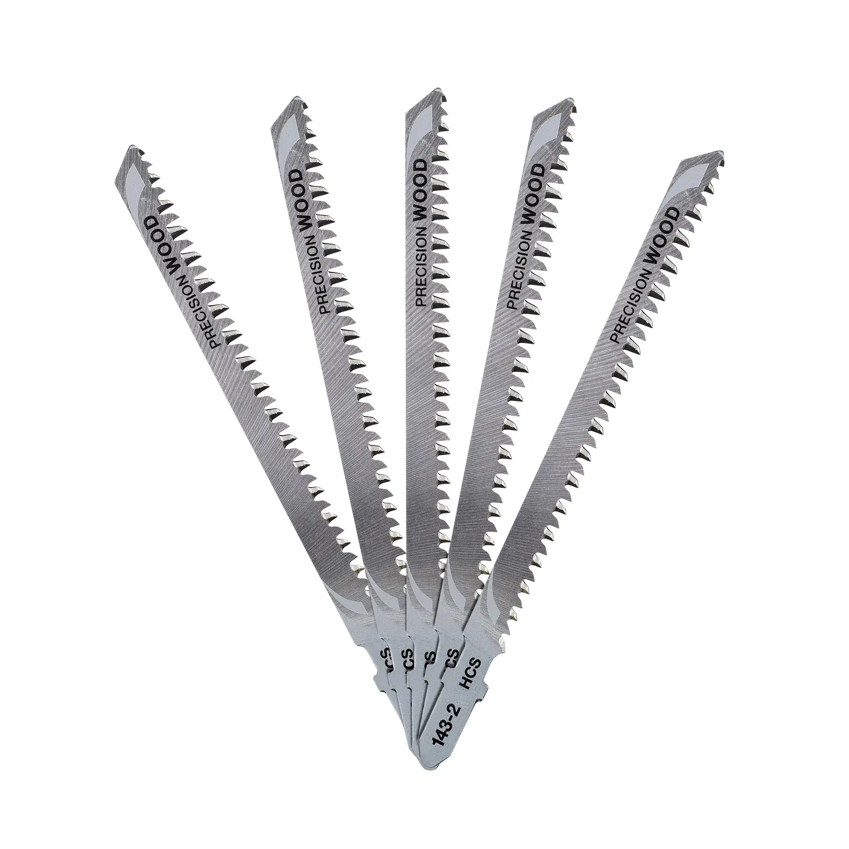 Photo of five DEWALT DT2048 wood jigsaw blades fanned out on white background.
