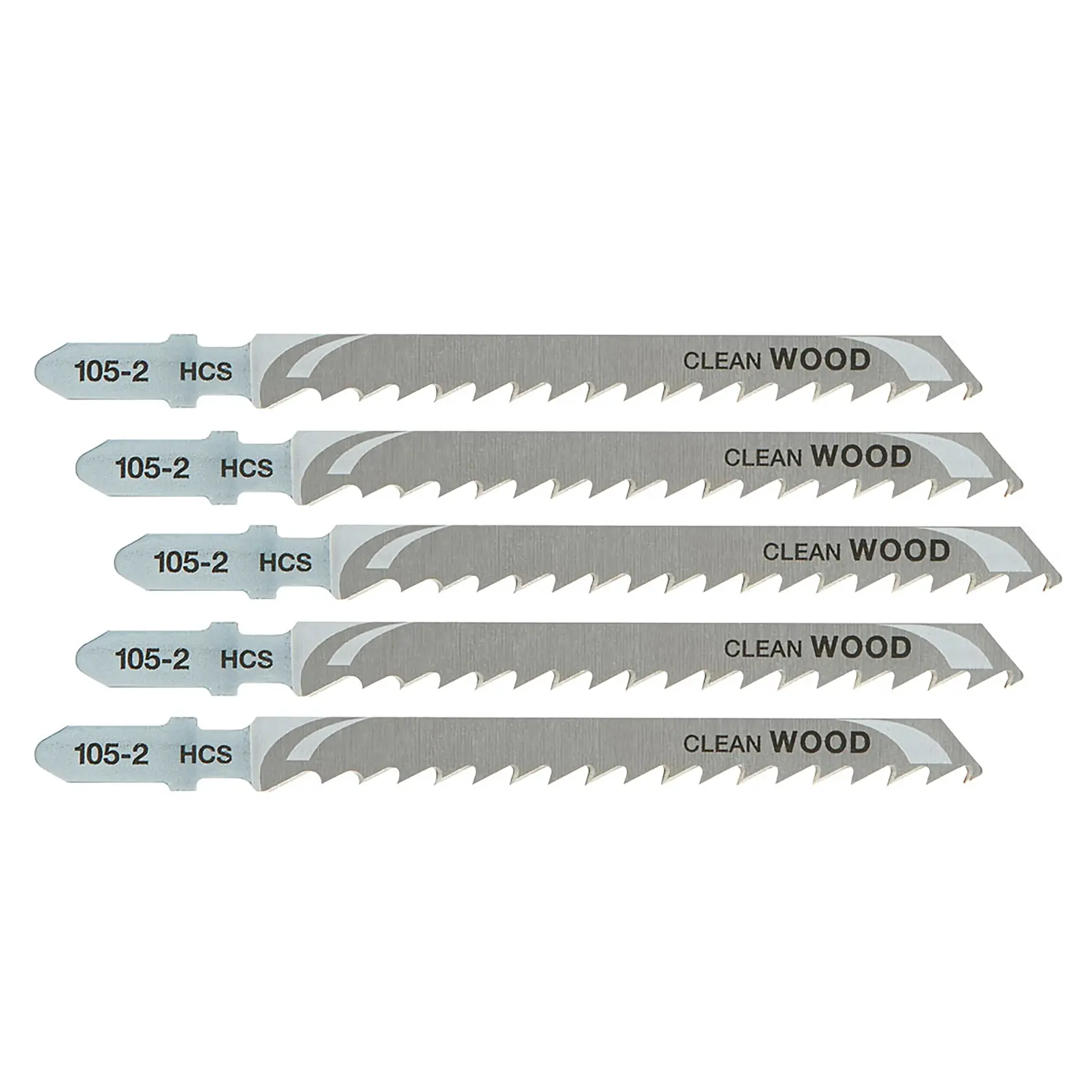 DEWALT DT2049, DT2049-QZ clean wood jigsaw blades, silver, fine teeth, set of 5, flat lay, photography.
