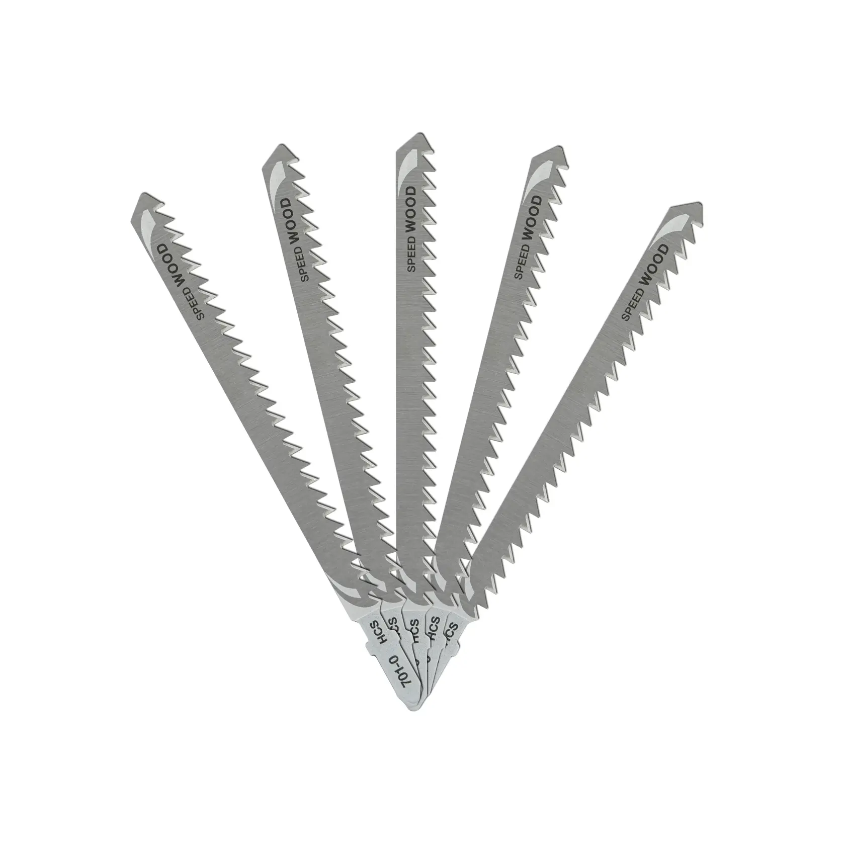 Five DEWALT DT2051 jigsaw blades for speed wood cutting are fanned out, showing their sharp teeth and metal finish.