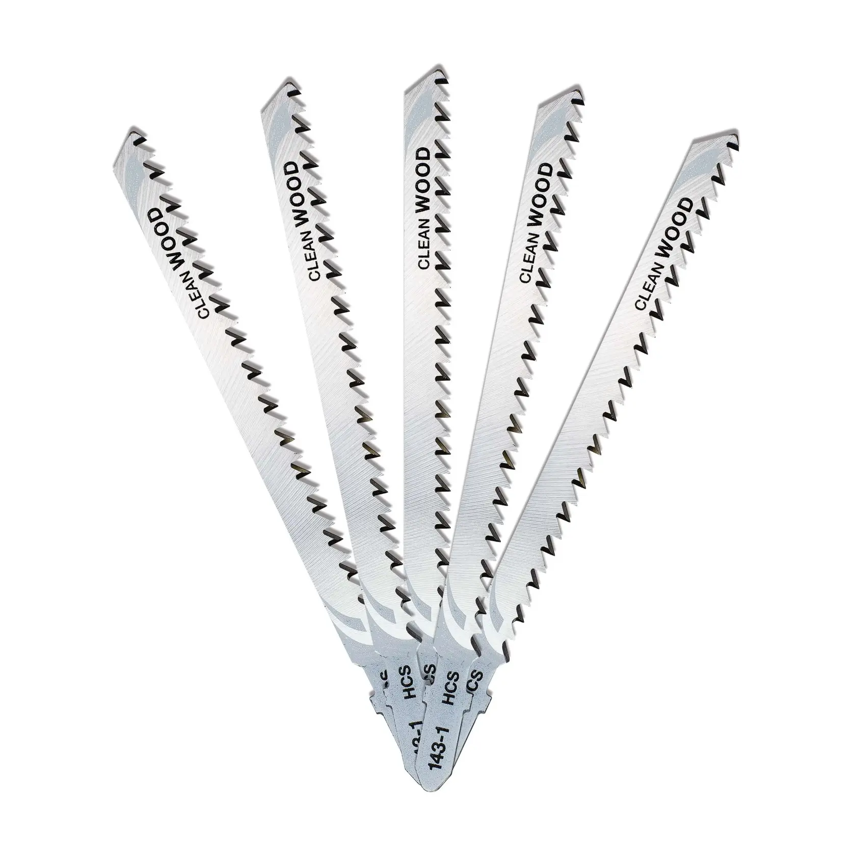 Photo of DEWALT DT2052 jigsaw blades for clean wood, silver color, fanned set of 5, white background.