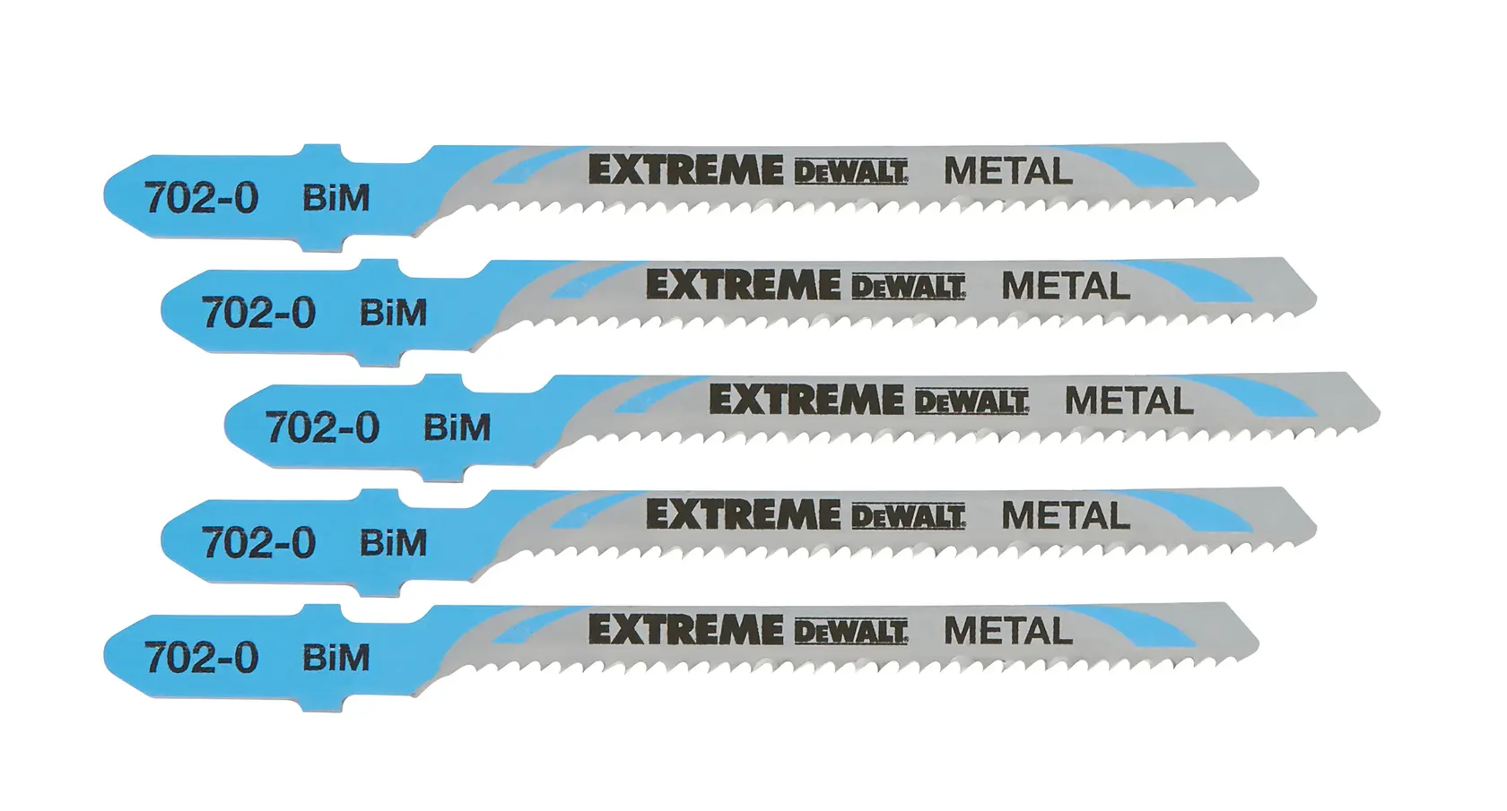 Photo of DEWALT jigsaw blades for metal, blue and silver, SKUs DT2054, DT2054-QZ, side view, pack of five.
