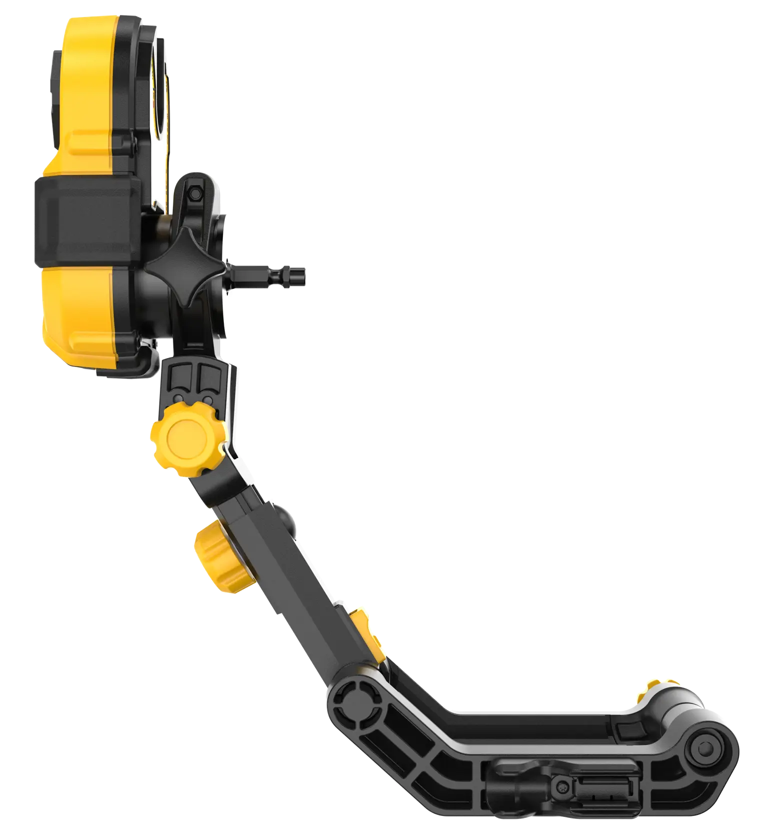 Vista lateral del brazo de montaje para cámara DEWALT DT20562 ajustable en amarillo y negro.