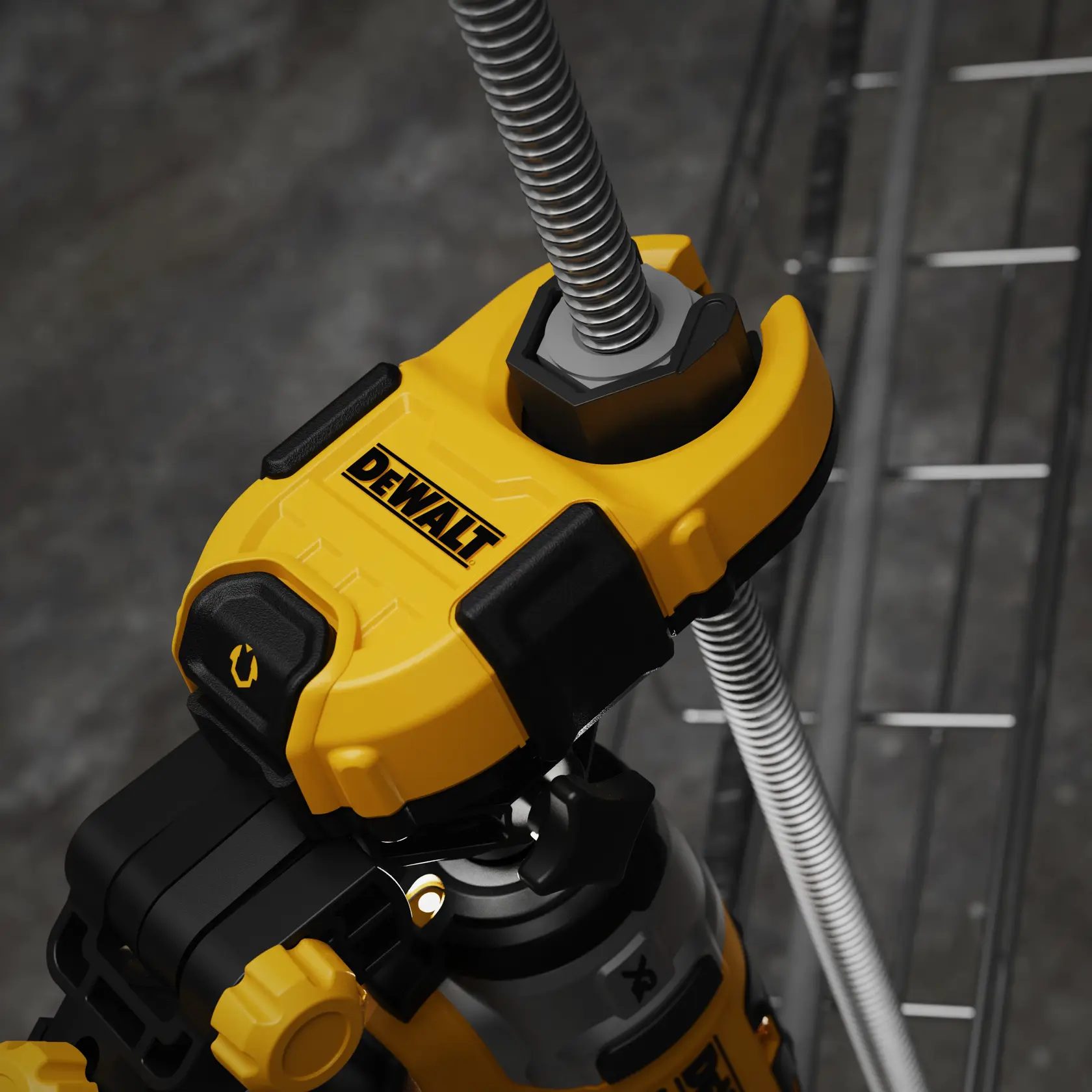 Seitenansicht eines DEWALT DT20562 verstellbaren Kamerahalterungsarmes in Gelb und Schwarz.
