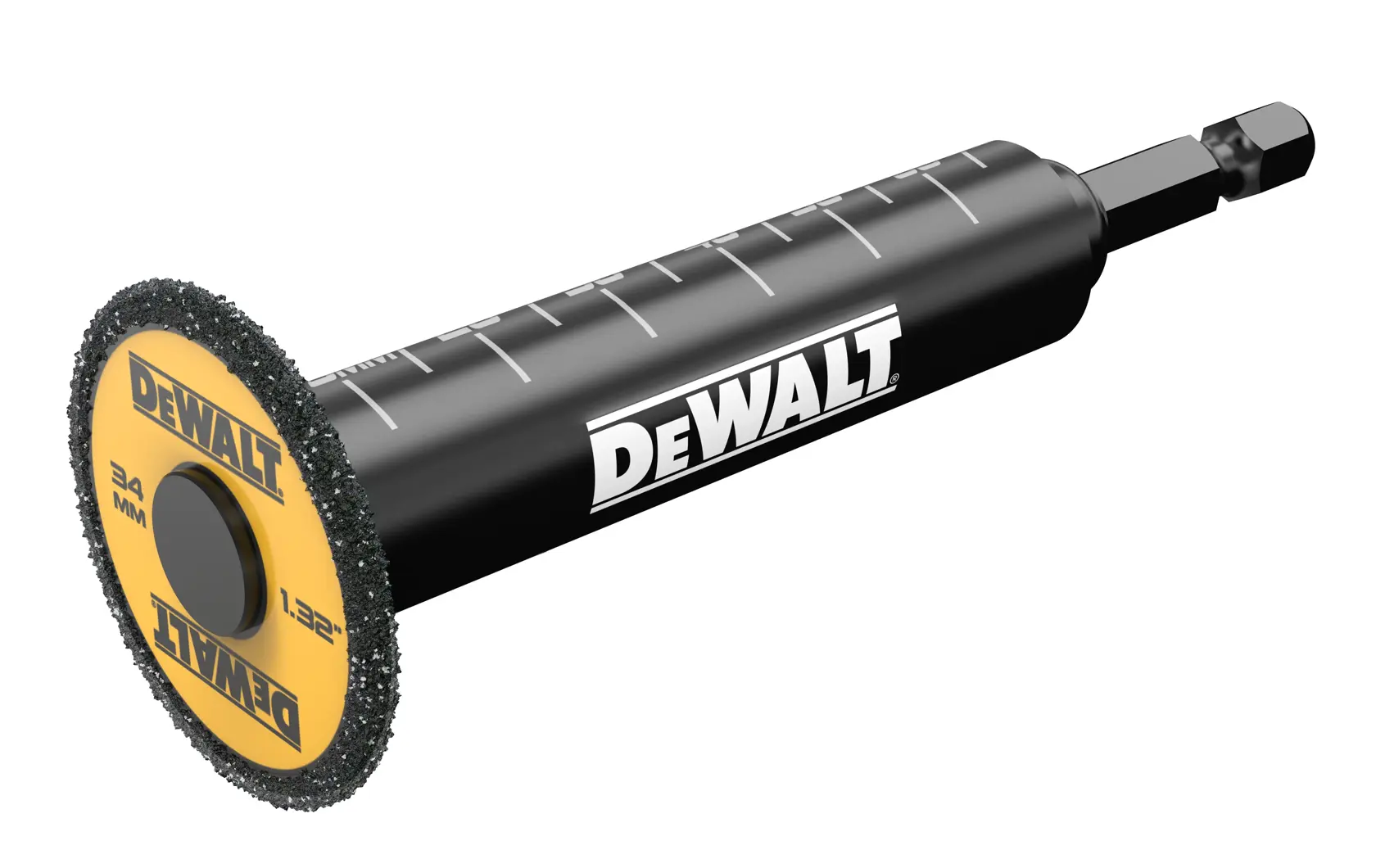 Herramienta abrasiva rotatoria DEWALT DT20563 con mango negro y disco amarillo para cortar o esmerilar.