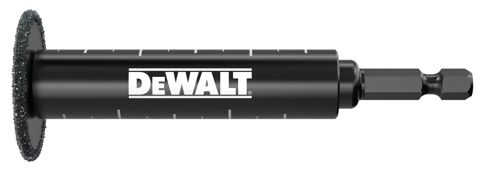 Herramienta de corte abrasiva DEWALT negra con disco circular y vástago hexagonal para cortes precisos.