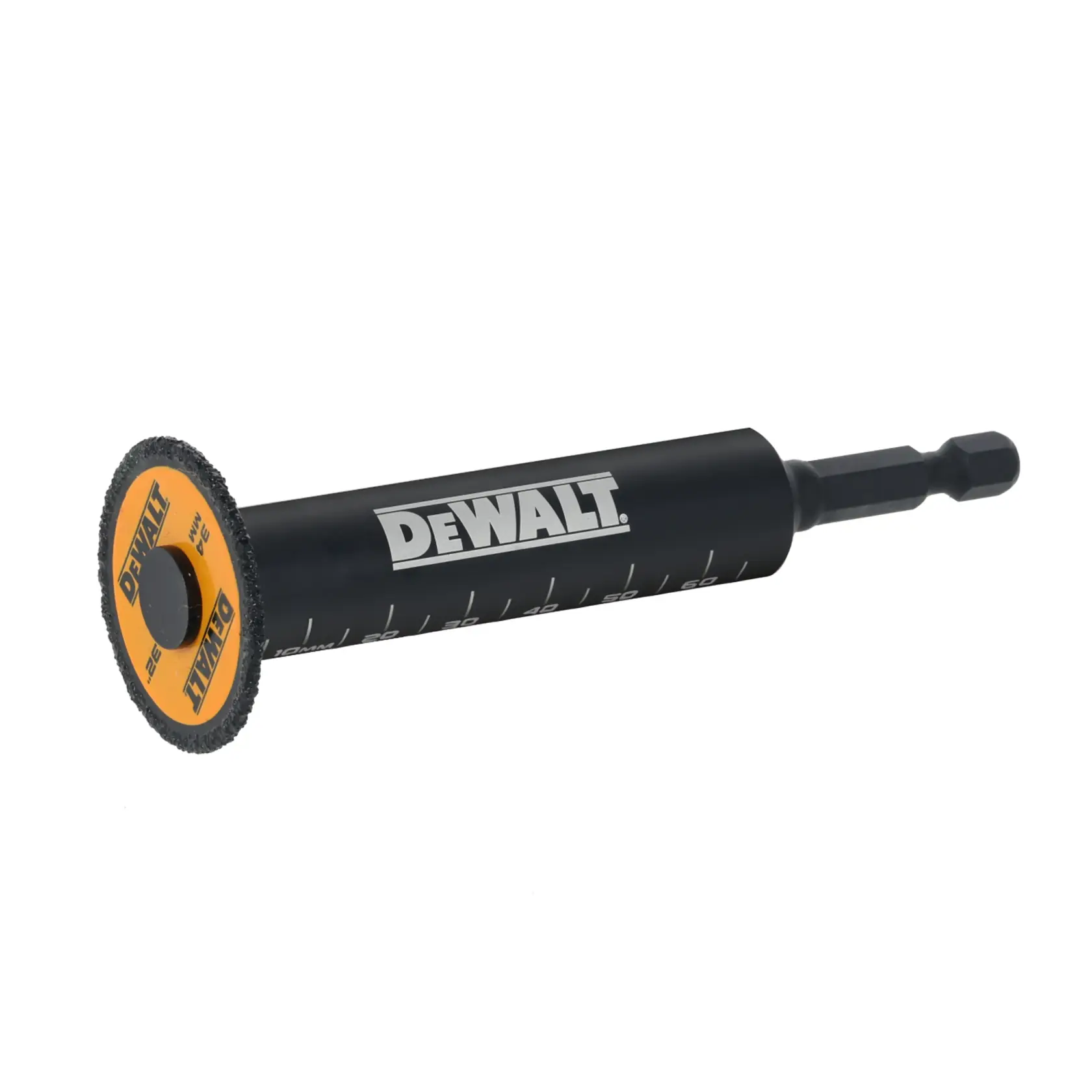 Herramienta rotativa DEWALT DT20563 con mango negro y rueda naranja para perforar o cortar.
