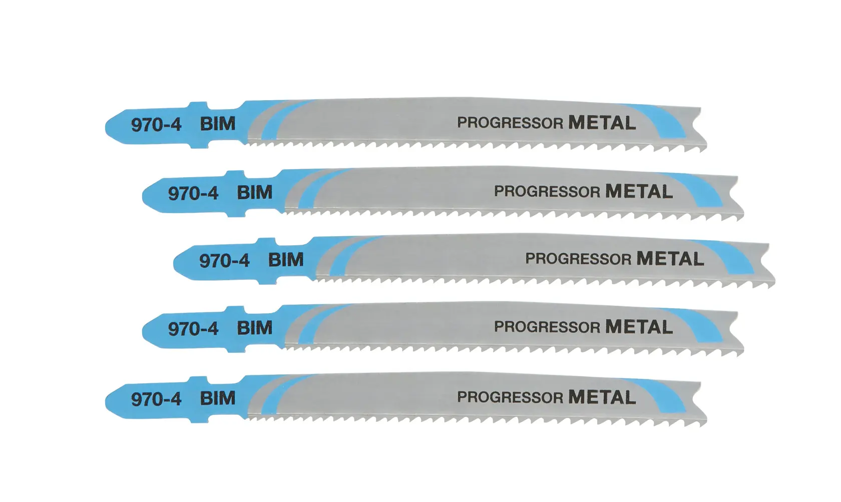 Set of five DEWALT DT2058 metal cutting jigsaw blades with blue and silver design, labeled BIM and Progressor Metal.