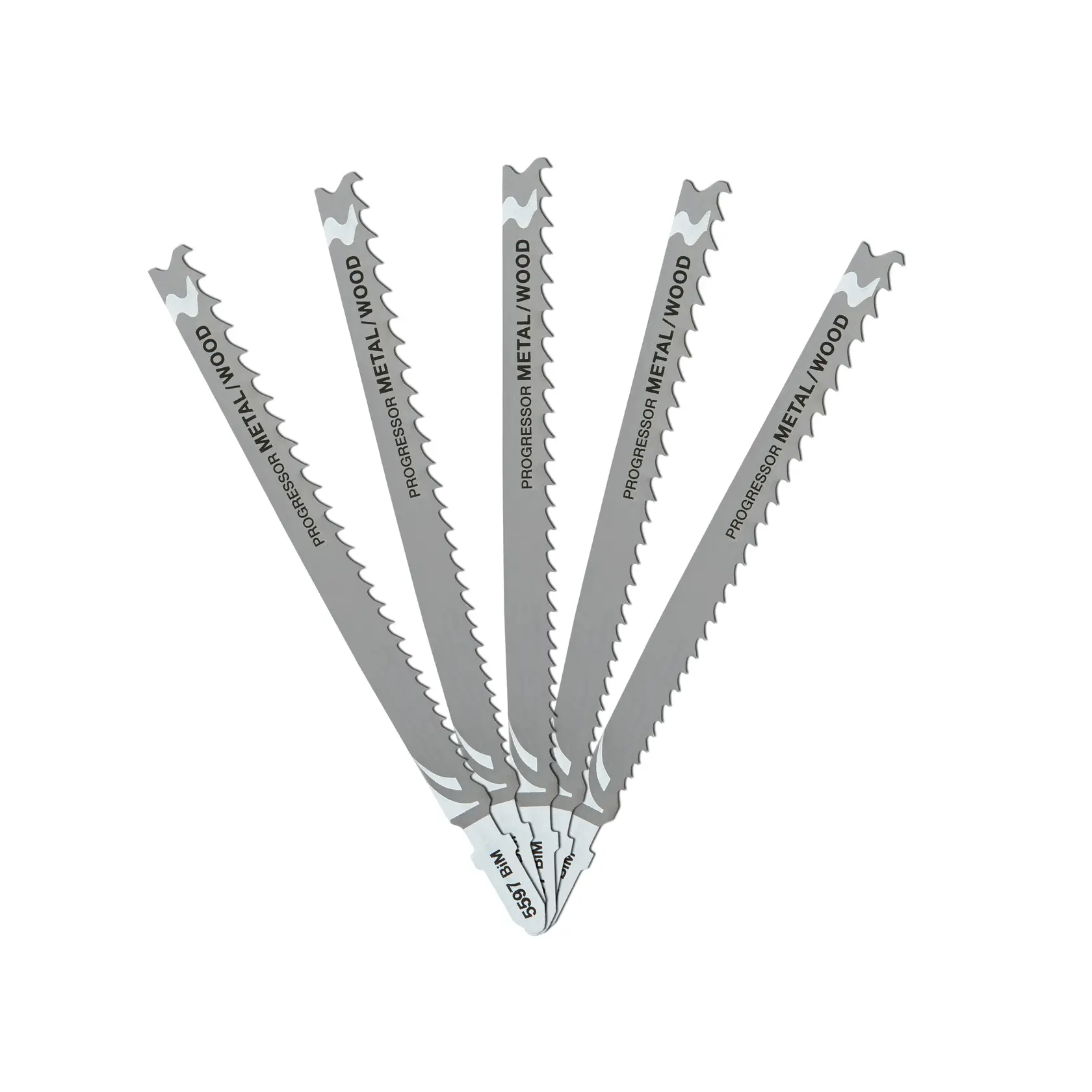 Photo of five DEWALT DT2059 metal and wood jigsaw blades fanned out, silver color, white background.