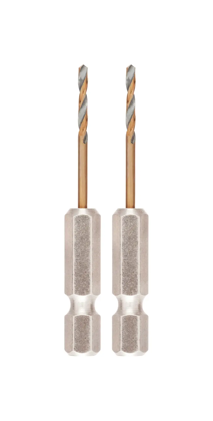 Two DEWALT hex shank drill bits with titanium coating, shown upright on a white background.