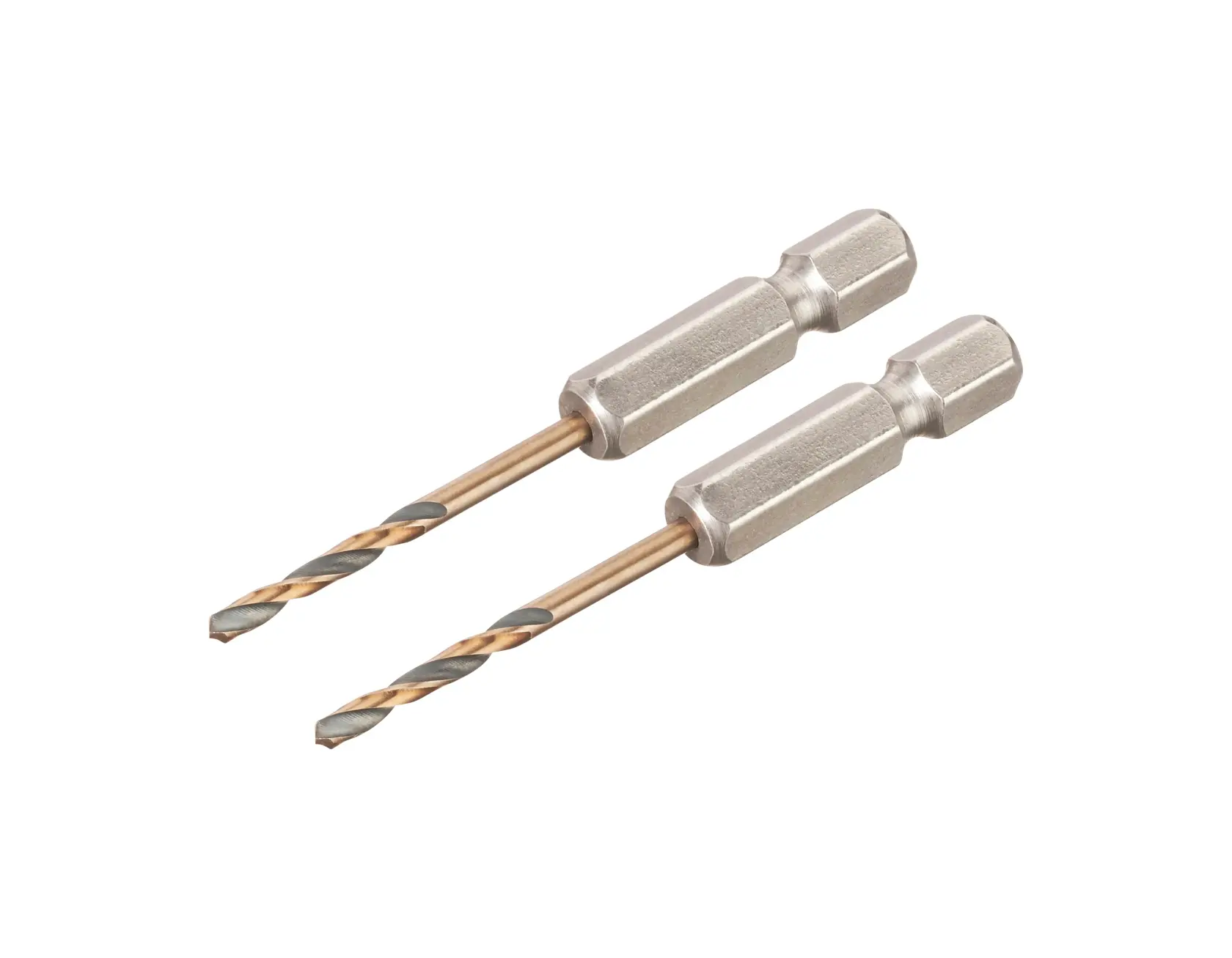 Two DEWALT hex shank drill bits with metallic finish, displayed side by side on a white background.