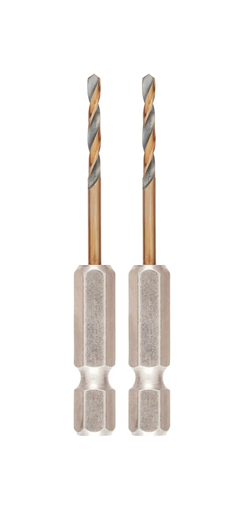 Two DEWALT DT20601 hex shank drill bits for precision drilling, shown upright against a white background.