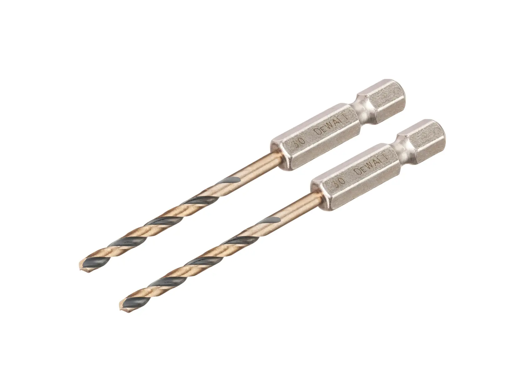 Two DEWALT hex shank drill bits with spiral flutes, shown side by side on a white background.