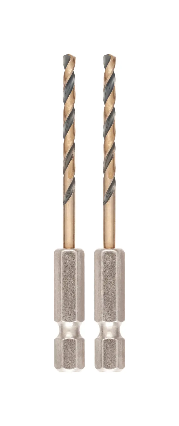 Two DEWALT drill bits with hex shanks and spiral grooves, shown upright on a white background.