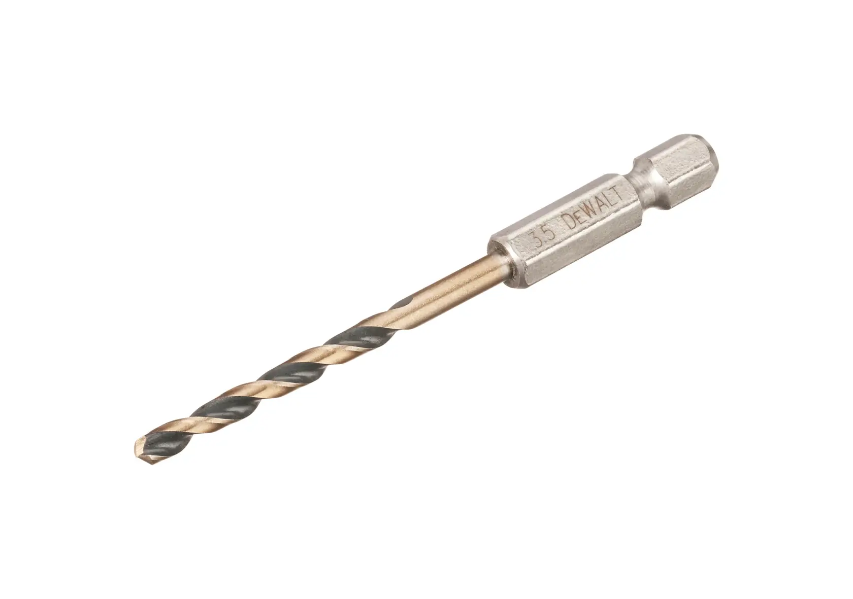 DEWALT DT20603 metal drill bit with hex shank for power tools, shown on a white background.