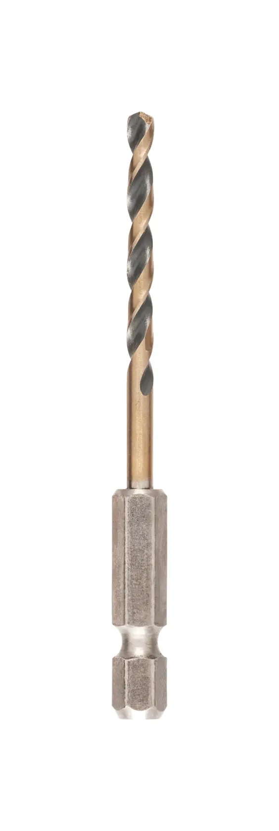 DEWALT hex shank metal drill bit with spiral tip, shown upright on a white background.