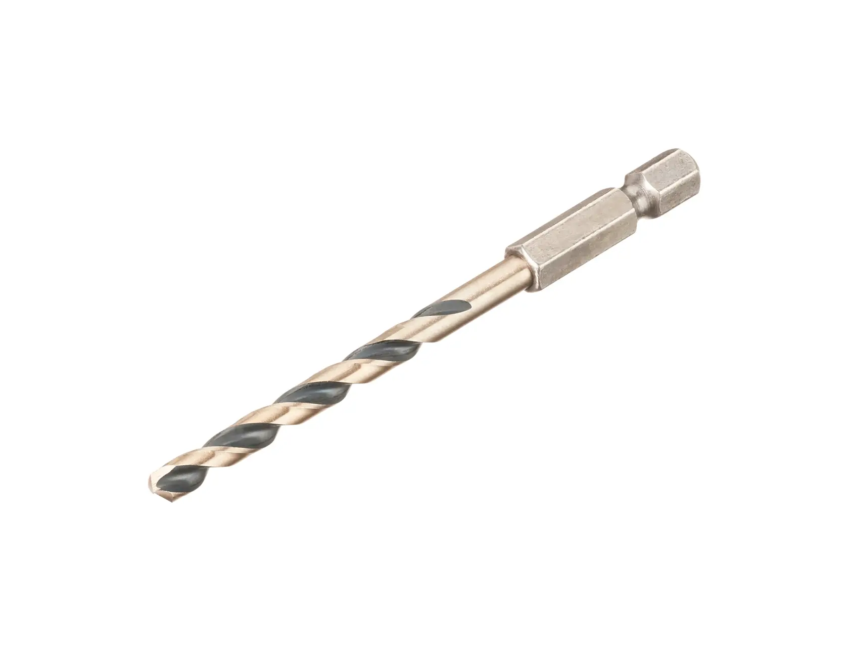Metal drill bit with hex shank, suitable for power tools, shown on a white background.