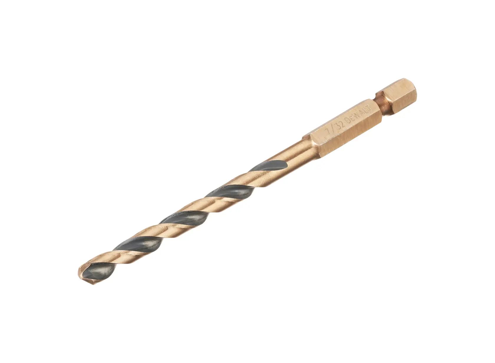 DEWALT drill bit with hex shank, gold and black, shown on a white background.
