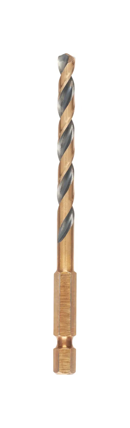 Single DEWALT metal drill bit with hex shank, photographed upright on white background.