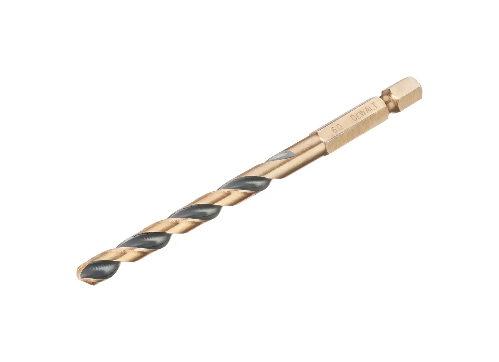 A DEWALT metal drill bit with hex shank, gold and silver color, shown isolated on a white background.