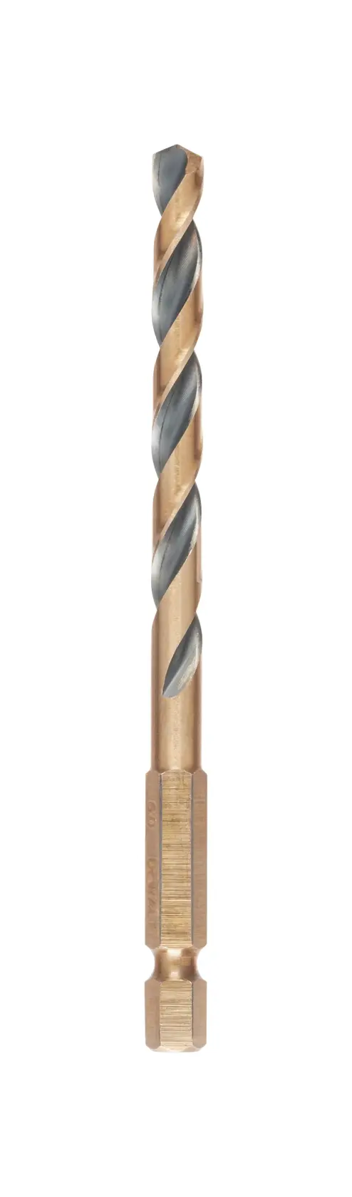 A DEWALT metal drill bit with a hex shank, designed for precise drilling and durability, isolated on white.