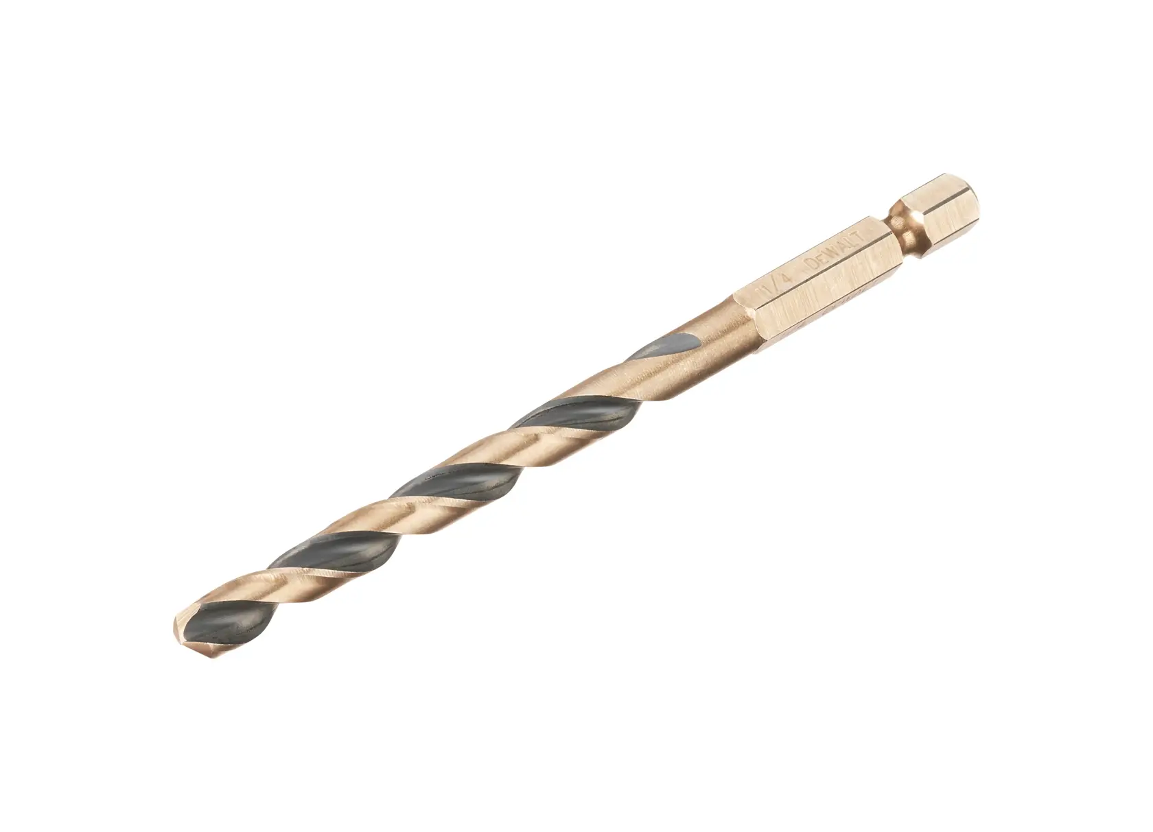 A single DEWALT gold and silver drill bit with hex shank, shown against a white background.