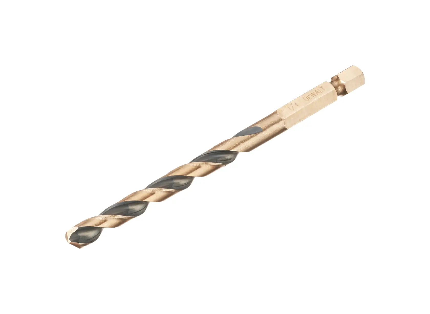 DEWALT hex shank twist drill bit, metal finish, shown on white background.