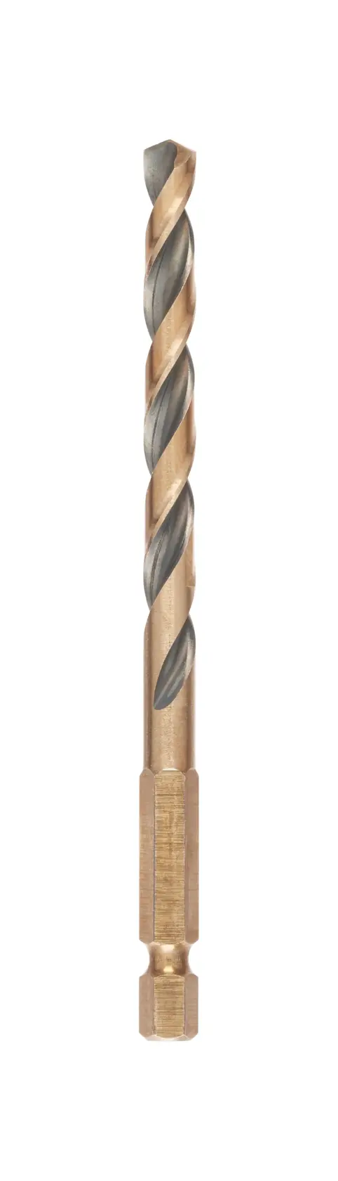 A single metal drill bit with a hex shank shown vertically on a white background.